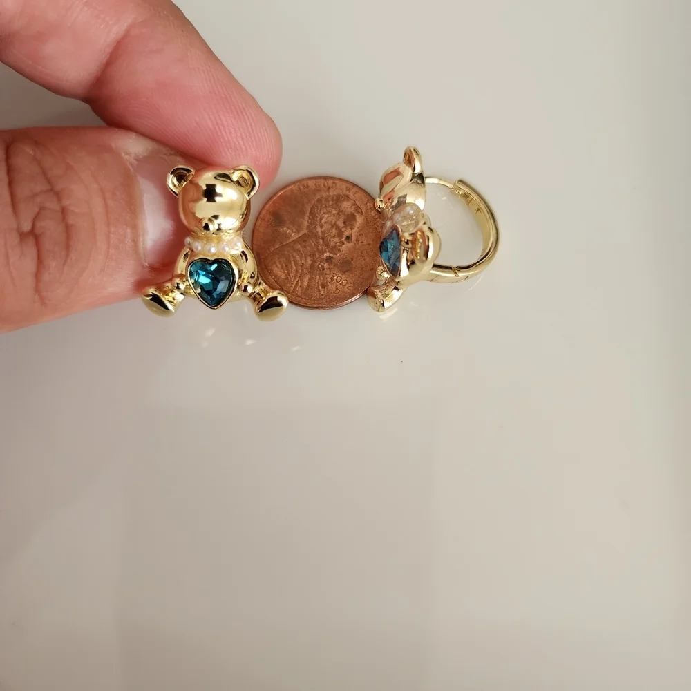 Gold Plated Teddy Bear Hoops with Blue Heart Cz